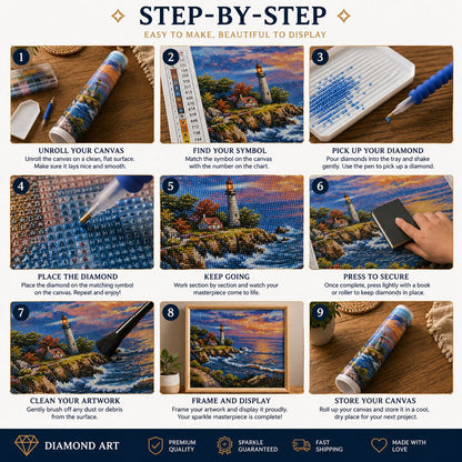 Nine step guide showing how to complete the rocky coastal lighthouse diamond painting | Azurra Shop