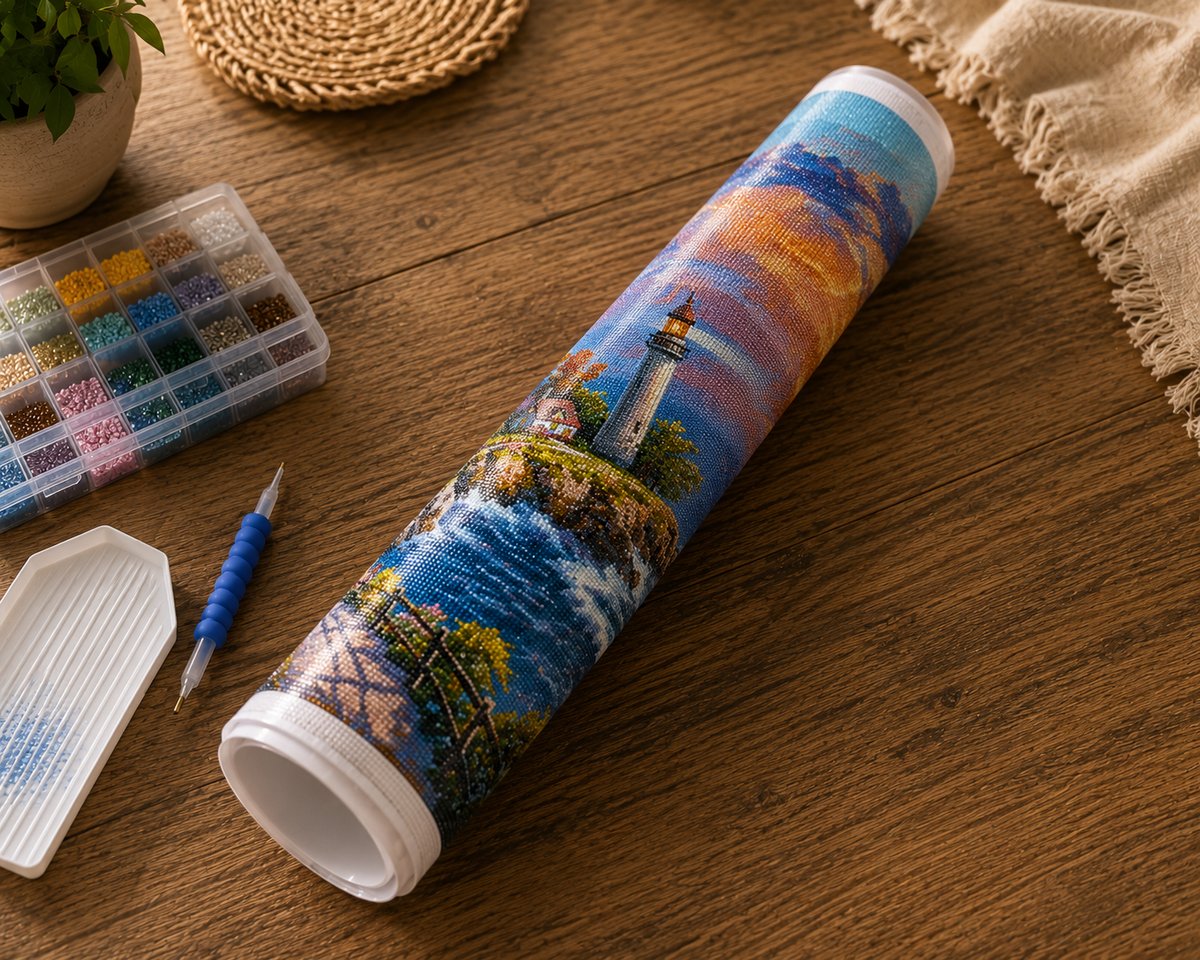 Rolled canvas and supplies for the rocky coastal lighthouse kit, including drill organizer, sorting tray, and applicator pen | Azurra Shop