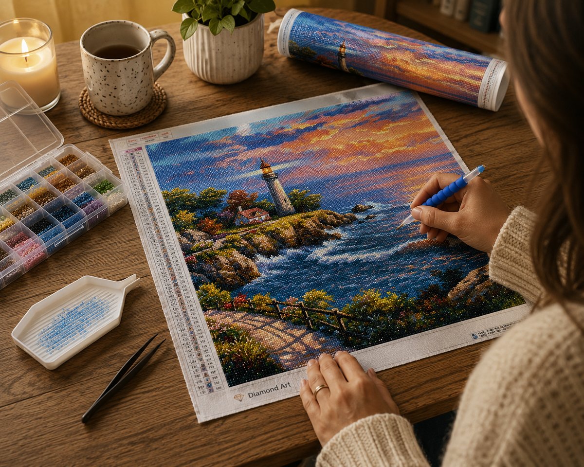Working on the rocky coastal lighthouse kit at a warm candlelit desk with tea | Azurra Shop