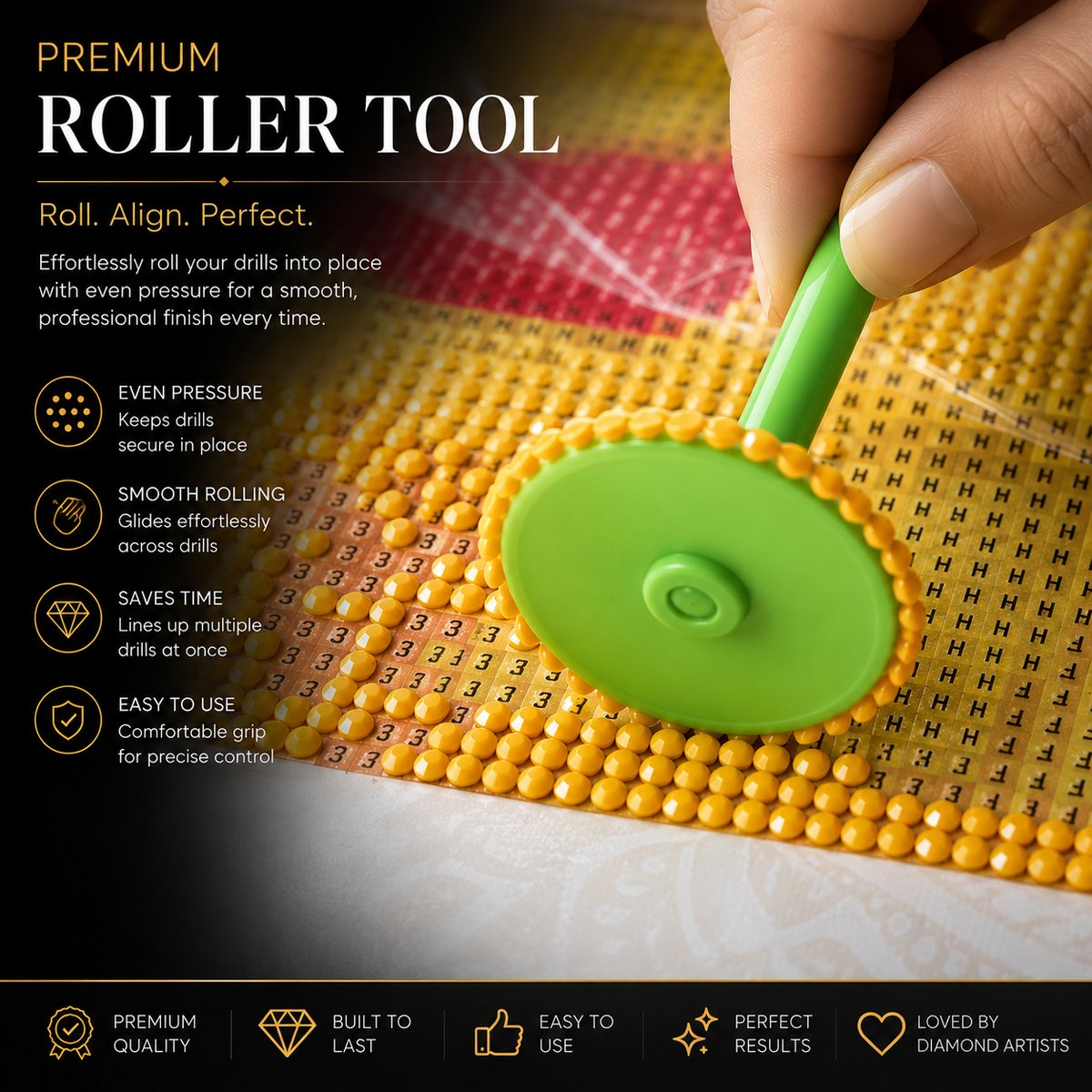 Green diamond painting roller tool pressing diamonds onto a canvas
