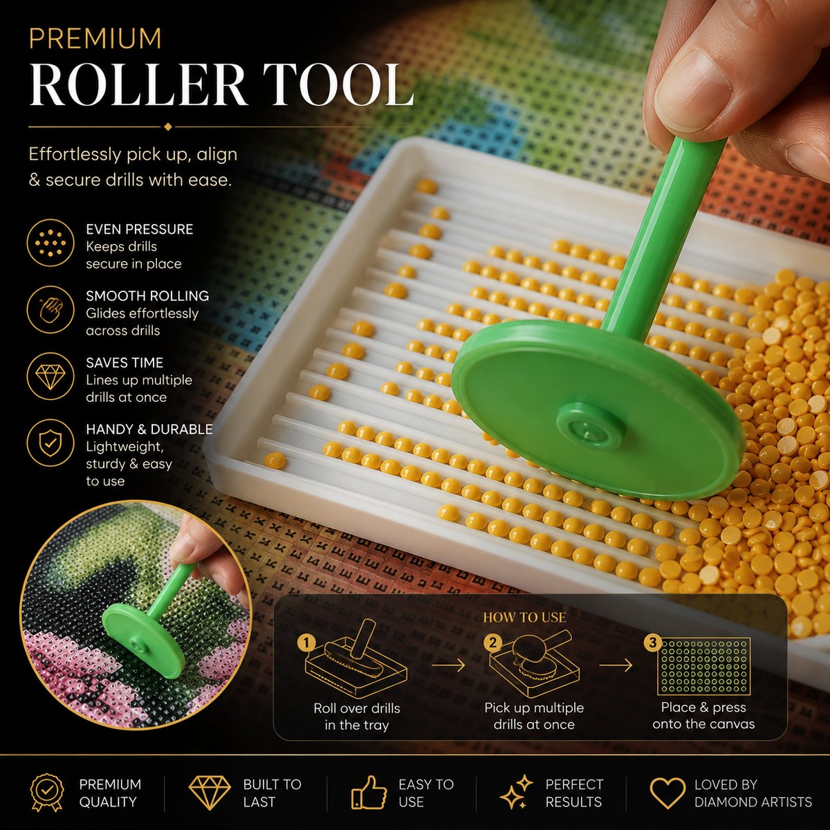 Using the roller tool to press diamonds into place on a canvas tray