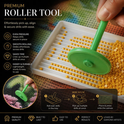 Using the roller tool to press diamonds into place on a canvas tray