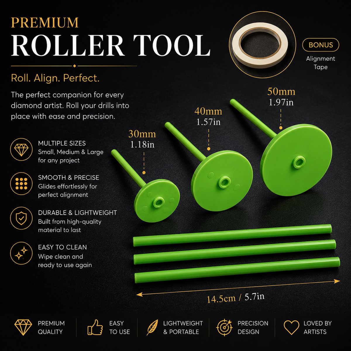 Diamond painting roller set in 30, 40, and 50 millimeter sizes with alignment tape