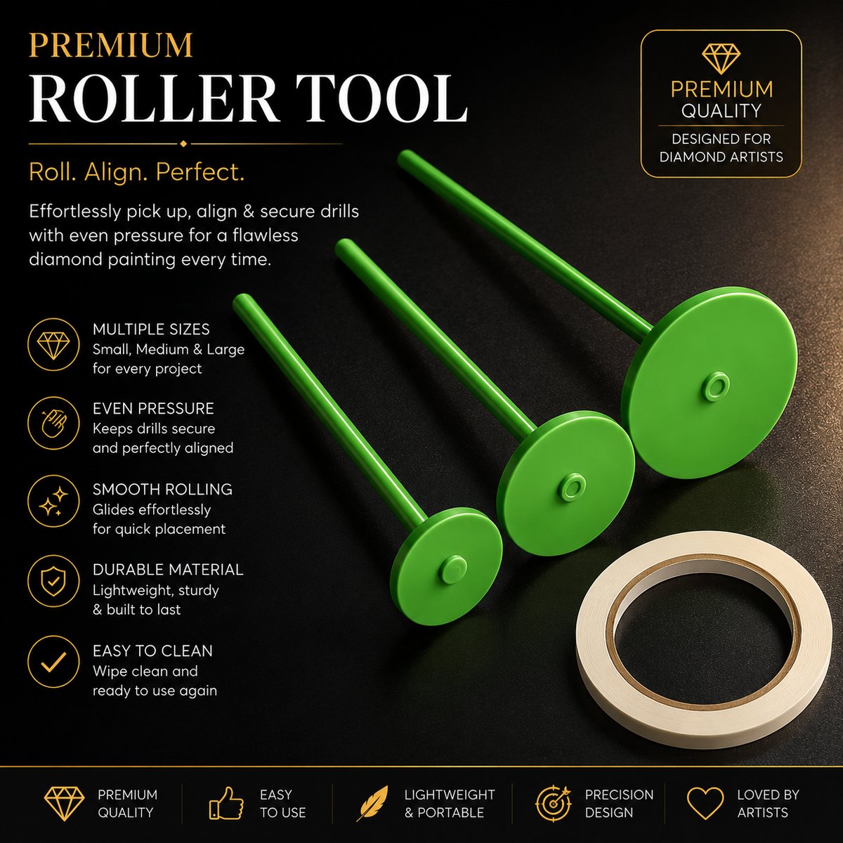 Three diamond painting rollers in small, medium, and large sizes with alignment tape