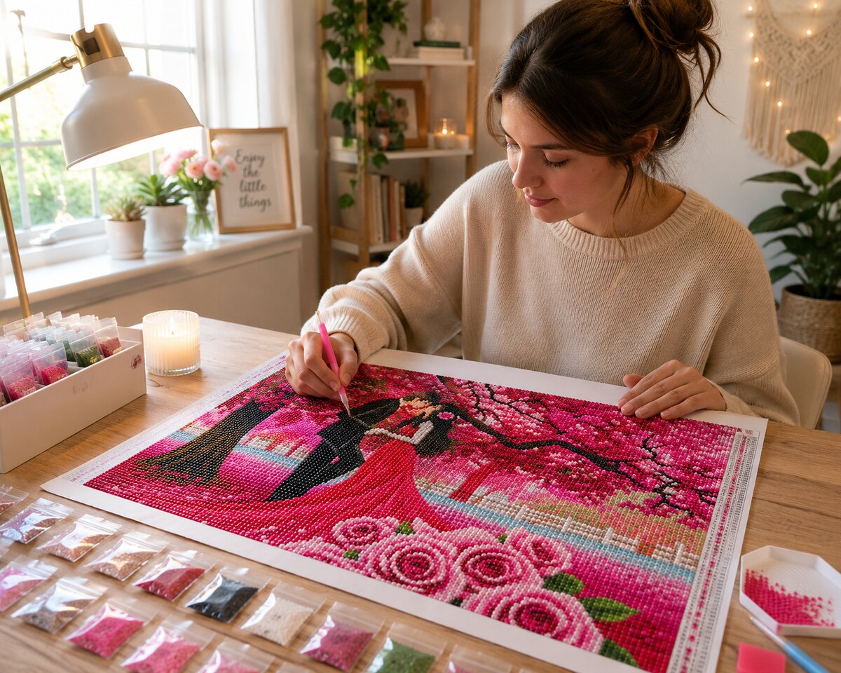 Working on the romantic cherry blossom couple kit at a desk with string lights, a candle, and fresh flowers | Azurra Shop