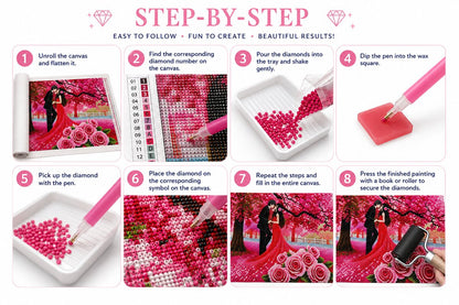 Eight step guide showing how to complete the romantic cherry blossom couple diamond painting | Azurra Shop