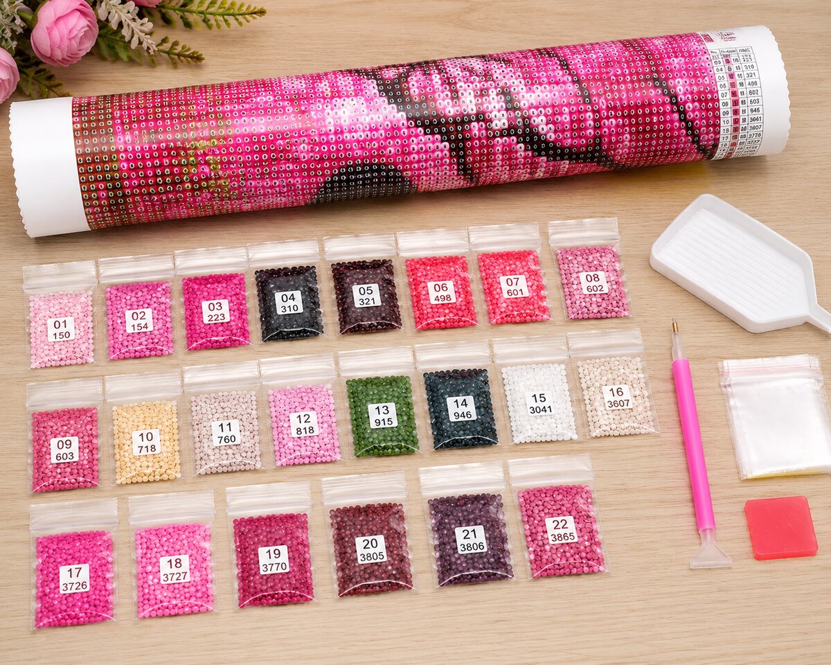 Rolled canvas and full supplies for the romantic cherry blossom couple kit, including numbered diamond bags, applicator pen, and tray | Azurra Shop