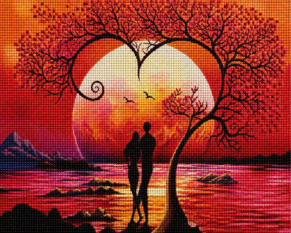 Close up of the finished romantic moonrise diamond painting with a couple standing under a heart shaped tree | Azurra Shop