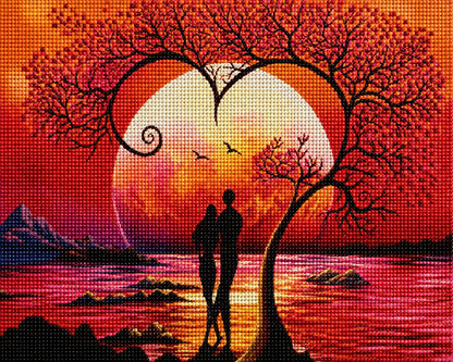 Close up of the finished romantic moonrise diamond painting with a couple standing under a heart shaped tree | Azurra Shop