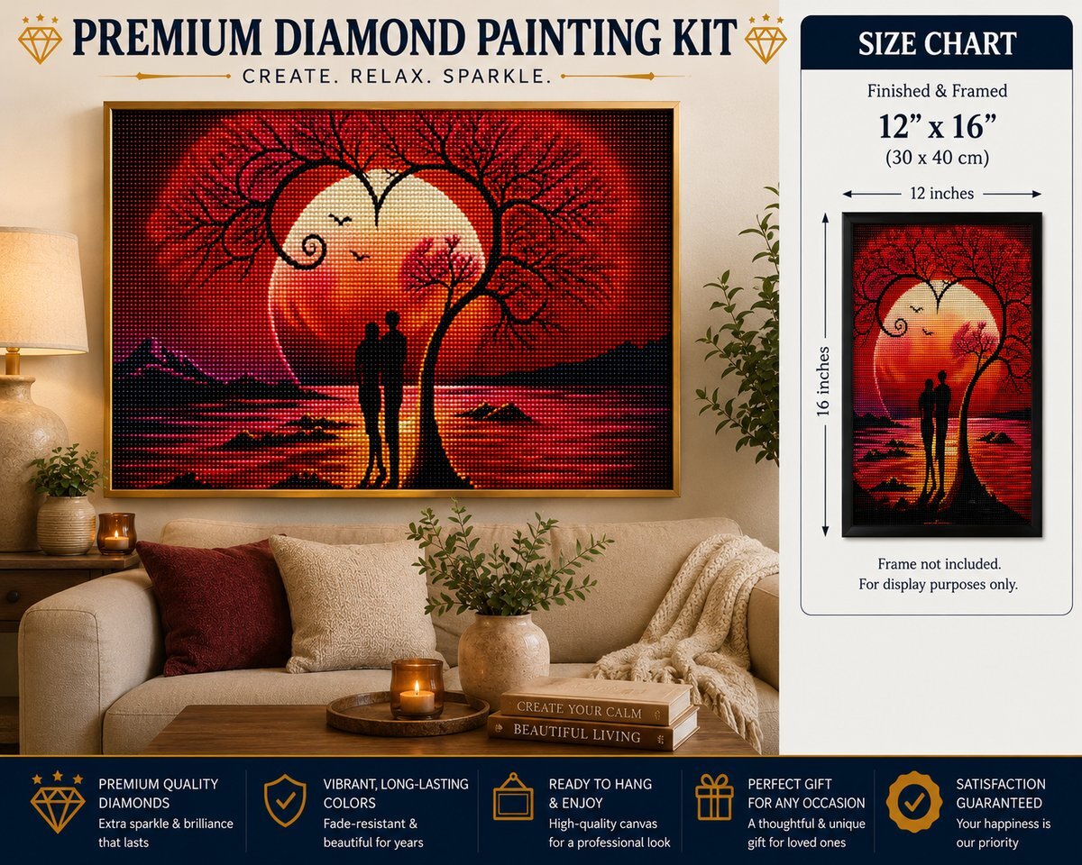 Romantic Moonrise and Heart Trees Diamond Painting Kit