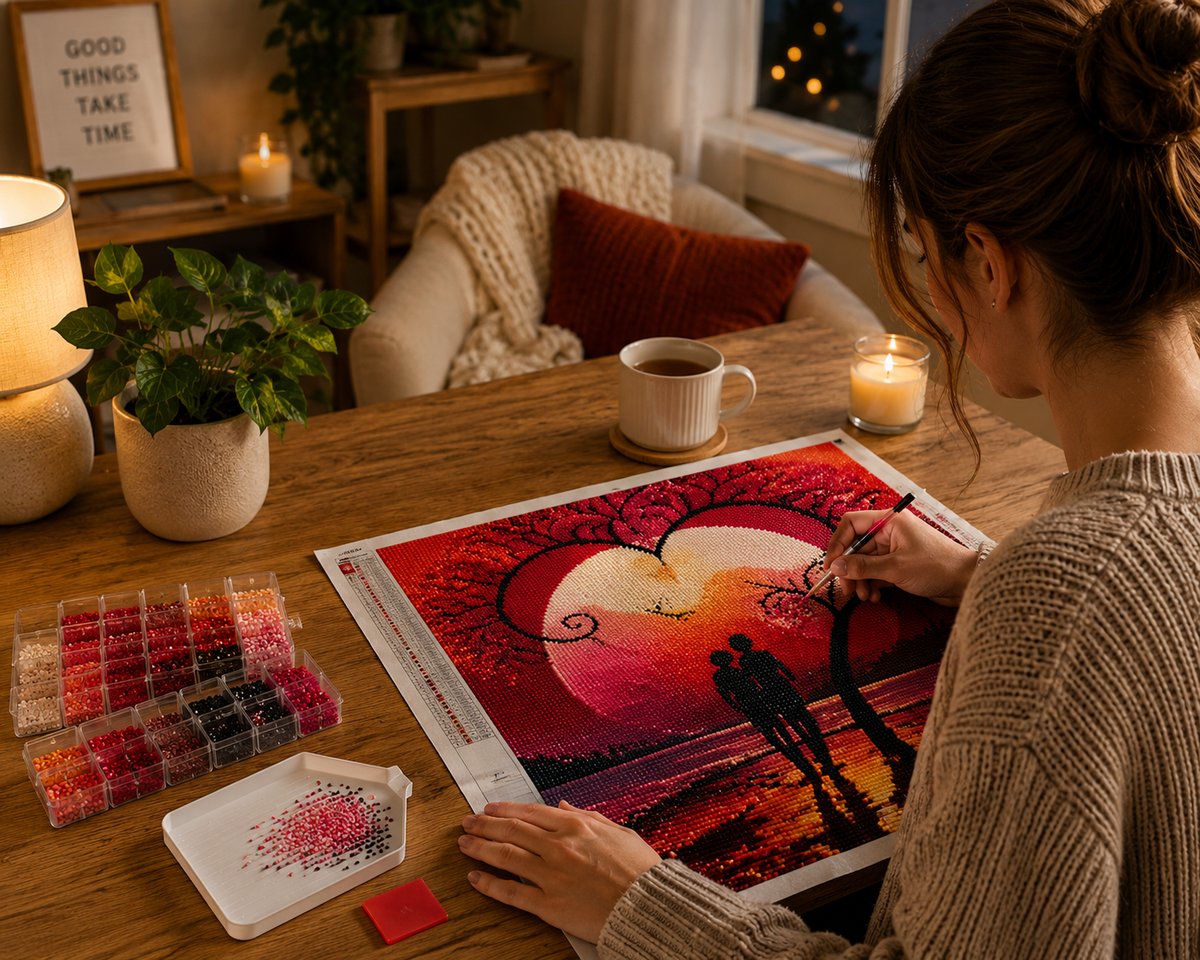 Working on the romantic moonrise kit at a cozy table with a lamp, candle, and cup of tea | Azurra Shop