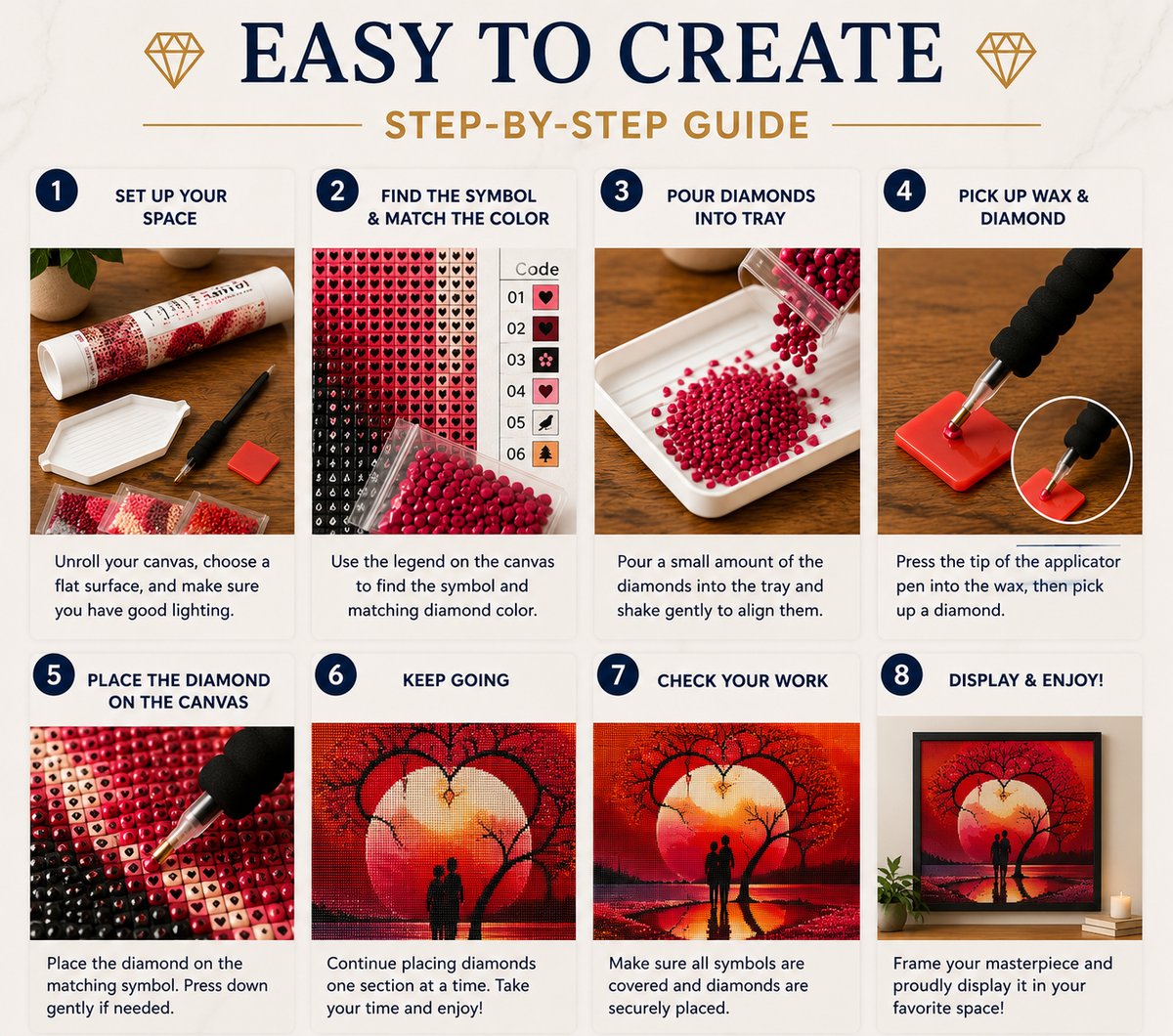 Eight step guide showing how to complete the romantic moonrise diamond painting | Azurra Shop
