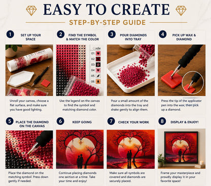 Eight step guide showing how to complete the romantic moonrise diamond painting | Azurra Shop