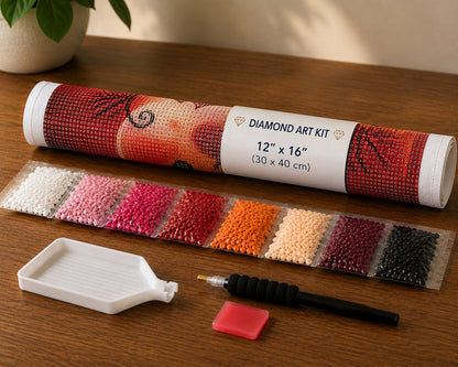 Rolled canvas and full supplies for the romantic moonrise kit, including diamond packets, applicator pen, and tray | Azurra Shop
