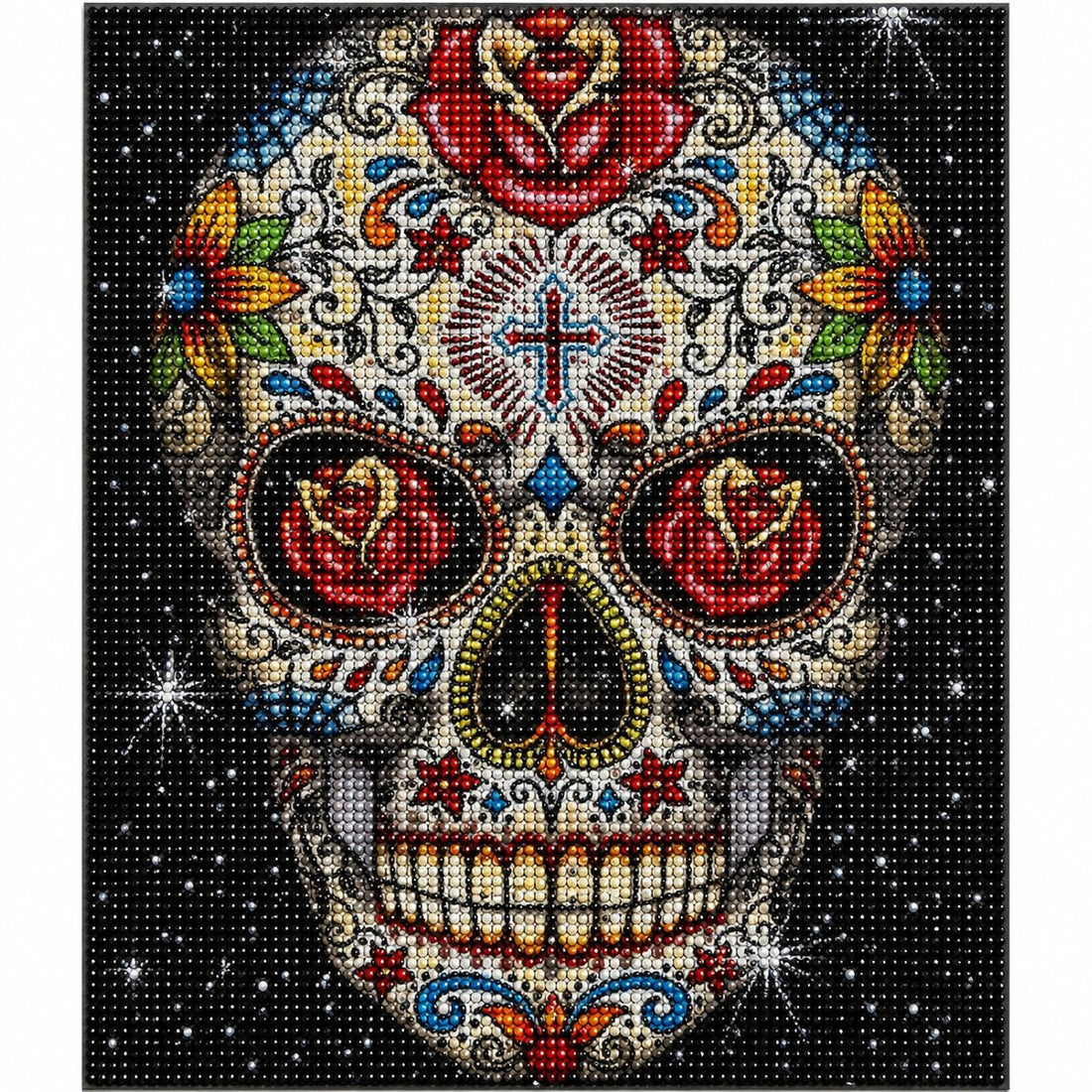 Close up of the finished sugar skull diamond painting with red roses in the eyes and a cross on the forehead | Azurra Shop