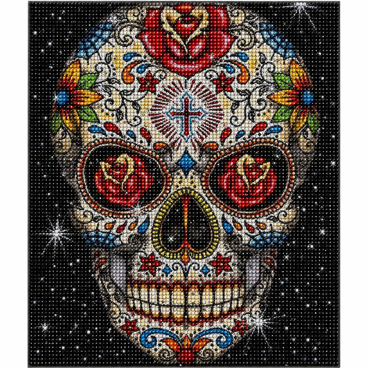 Close up of the finished sugar skull diamond painting with red roses in the eyes and a cross on the forehead | Azurra Shop