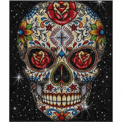 Close up of the finished sugar skull diamond painting with red roses in the eyes and a cross on the forehead | Azurra Shop