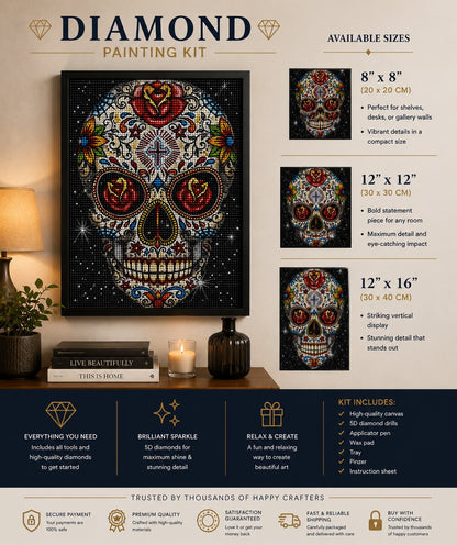 Framed rose eye sugar skull diamond painting displayed on a living room console table | Azurra Shop