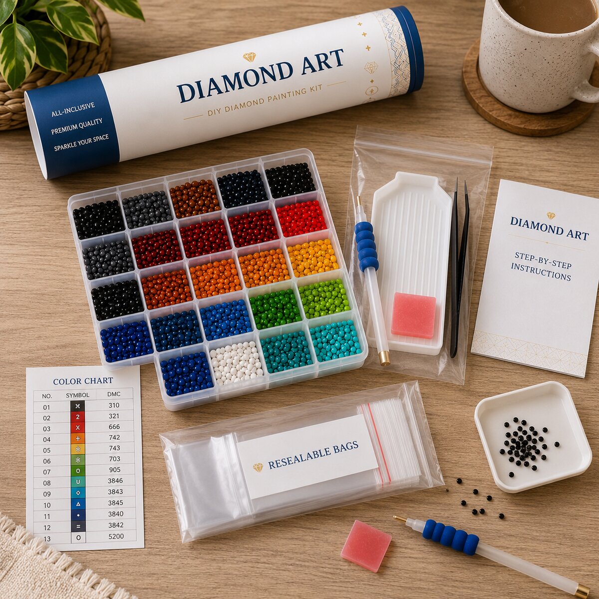 Rolled canvas and full supplies for the rose eye sugar skull kit, including diamond trays, applicator pen, and color chart | Azurra Shop