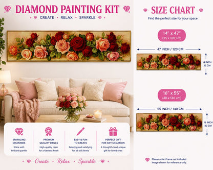 Crimson rose garland diamond painting framed above a living room sofa, available in 14 by 47 and 16 by 55 inch sizes | Azurra Shop