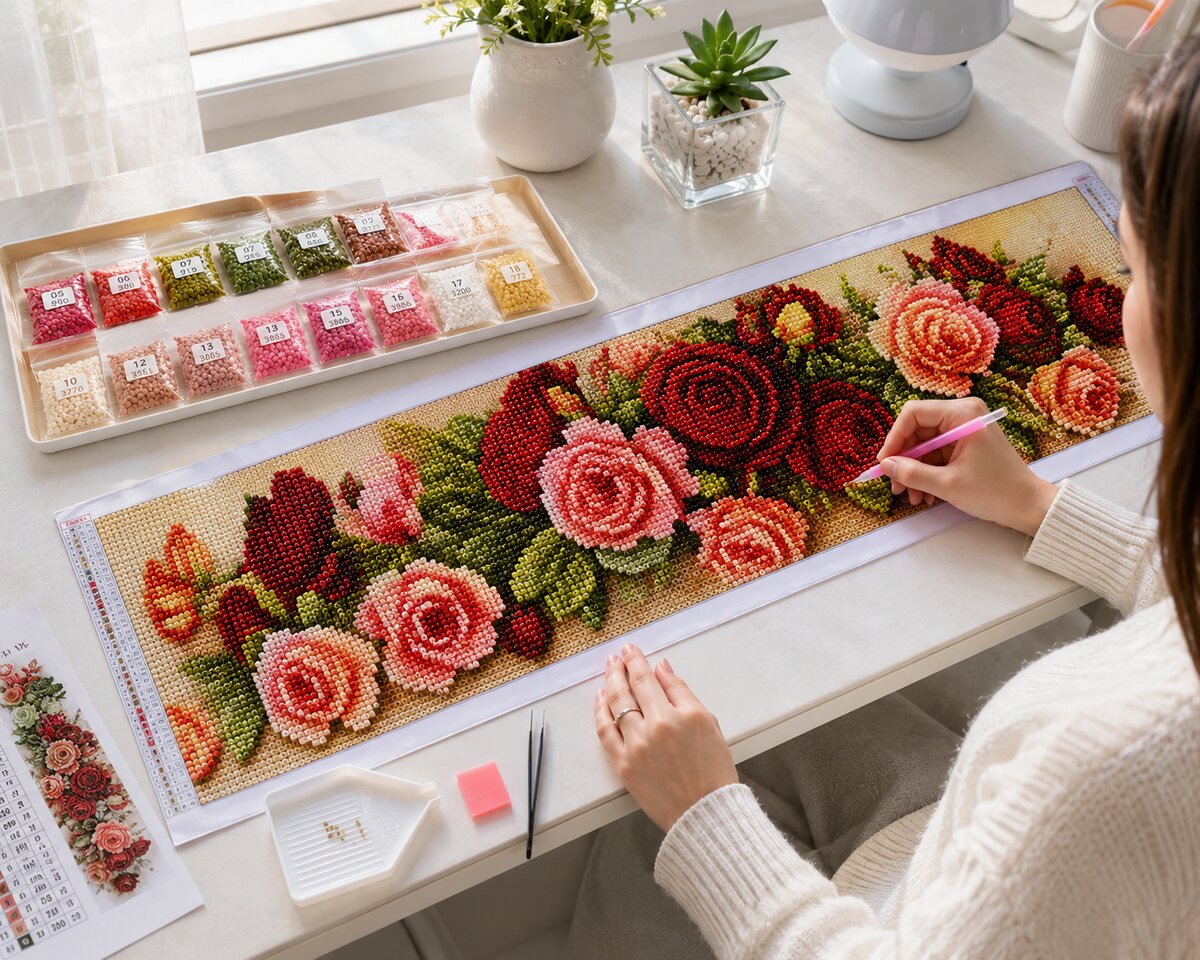 Woman placing diamonds on the crimson rose garland canvas at a desk by a window | Azurra Shop