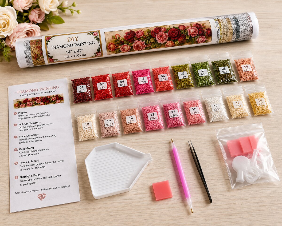 Diamond painting kit supplies including long rolled canvas, 18 numbered diamond bags, tray, pen, and tweezers | Azurra Shop