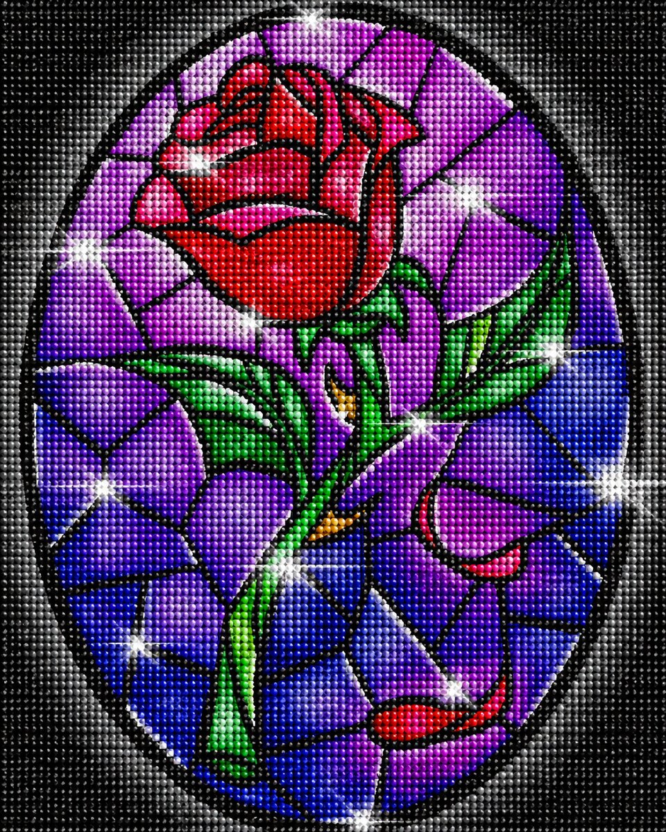 Finished stained glass rose diamond painting with a red rose in an oval stained glass frame design on black | Azurra Shop