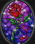Finished stained glass rose diamond painting with a red rose in an oval stained glass frame design on black | Azurra Shop