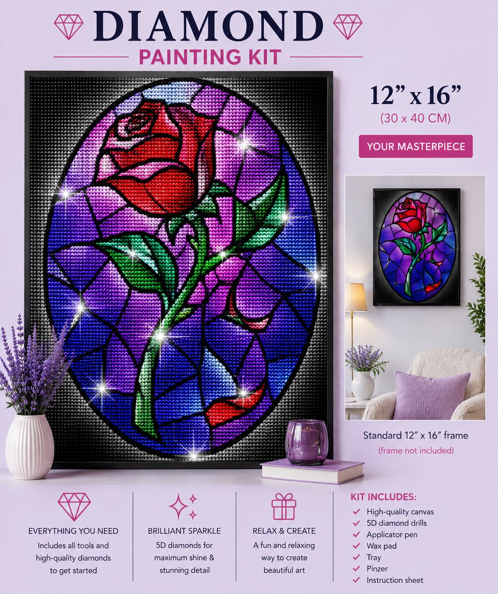 Stained glass rose diamond painting framed and hanging on a wall, 12 by 16 inch size | Azurra Shop