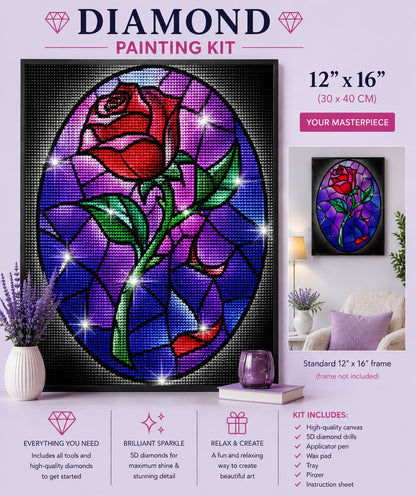 Stained glass rose diamond painting framed and hanging on a wall, 12 by 16 inch size | Azurra Shop