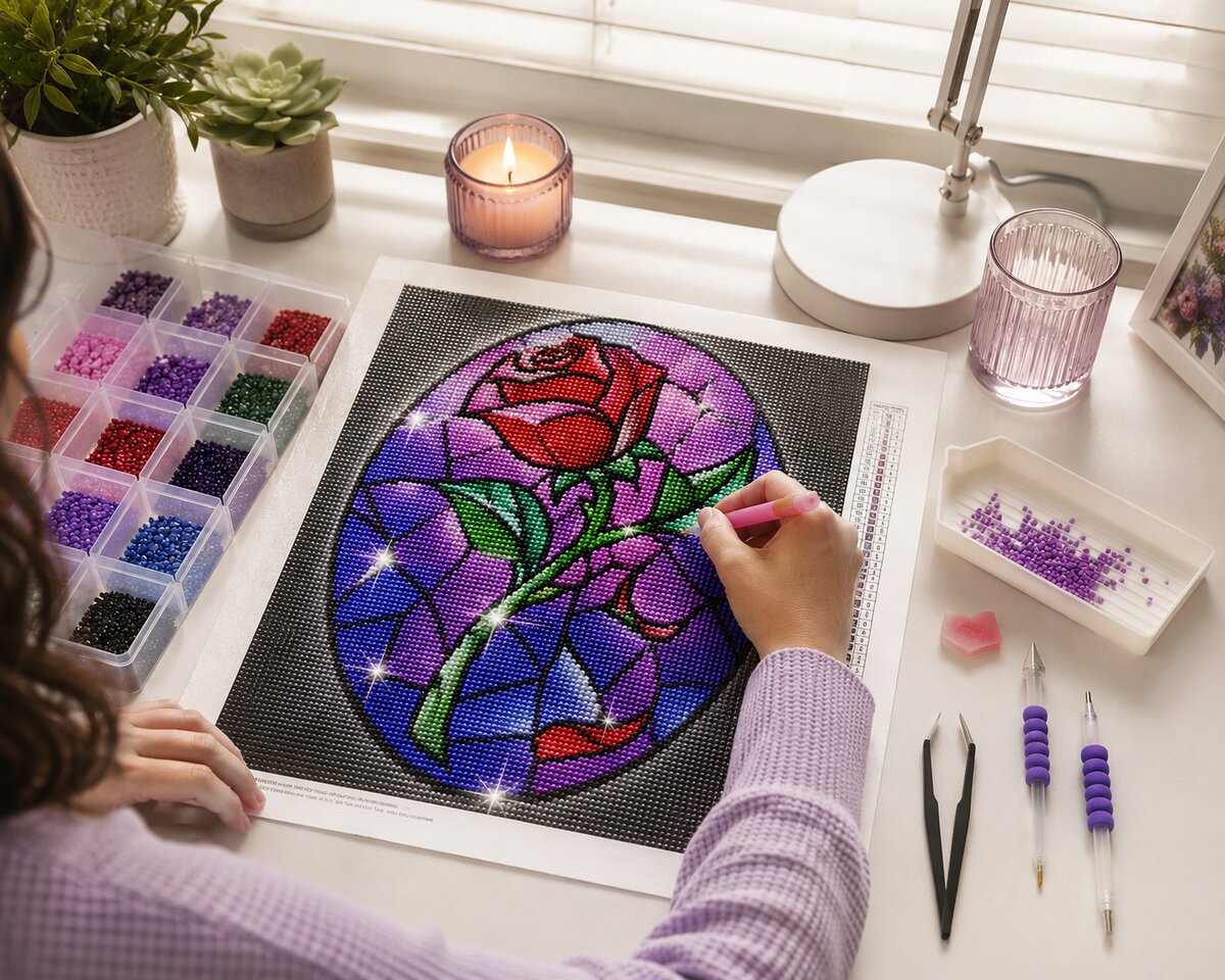 Woman placing diamonds on the stained glass rose canvas at a desk by a sunny window | Azurra Shop