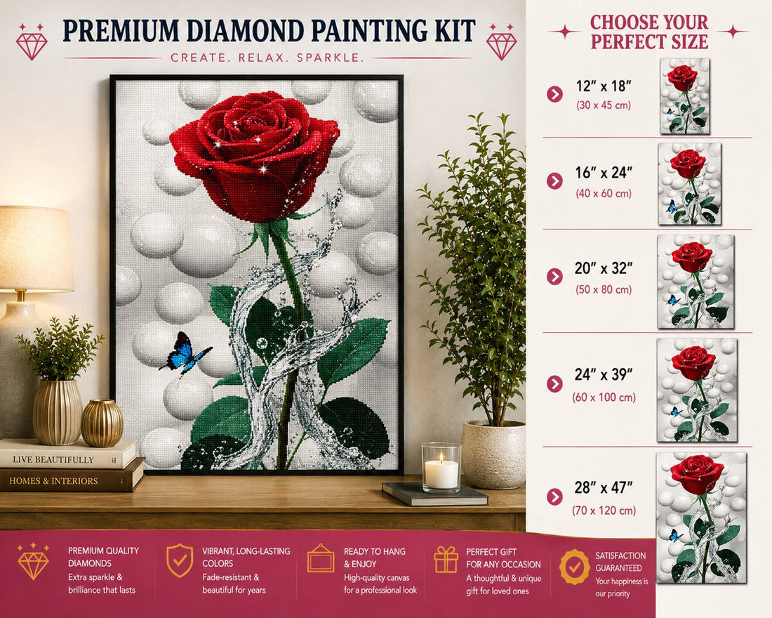 Framed red rose and butterfly diamond painting displayed on a console table with a lamp and plant | Azurra Shop