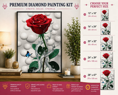 Framed red rose and butterfly diamond painting displayed on a console table with a lamp and plant | Azurra Shop