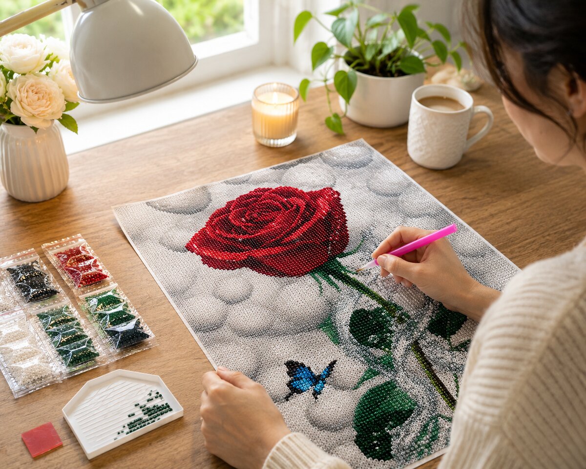 Working on the red rose and butterfly kit at a desk by a window with roses, a candle, and coffee | Azurra Shop