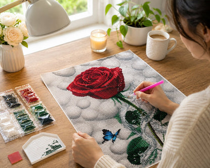 Working on the red rose and butterfly kit at a desk by a window with roses, a candle, and coffee | Azurra Shop