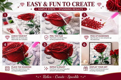 Six step guide showing how to complete the red rose and butterfly diamond painting | Azurra Shop
