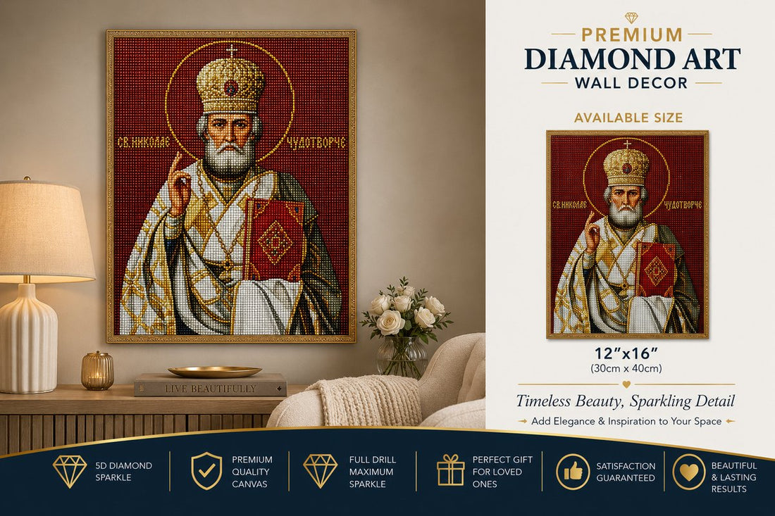 Saint Nicholas diamond painting framed on a wall, shown with the size chart