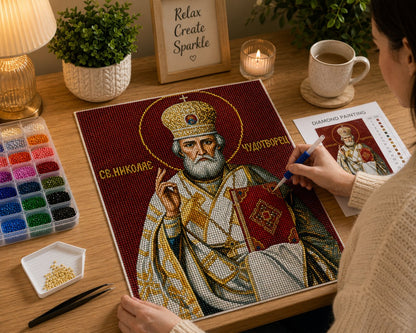 Working on the Saint Nicholas kit at a cozy desk with warm lighting
