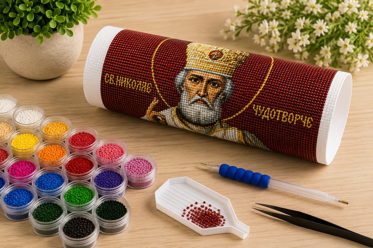 Rolled canvas and full supplies for the Saint Nicholas kit, including drill trays, applicator pen, and tweezers