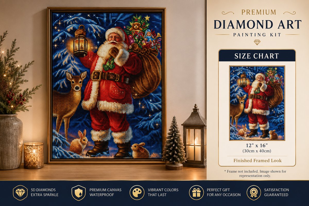 Framed Santa in the enchanted forest diamond painting displayed on a living room console table | Azurra Shop