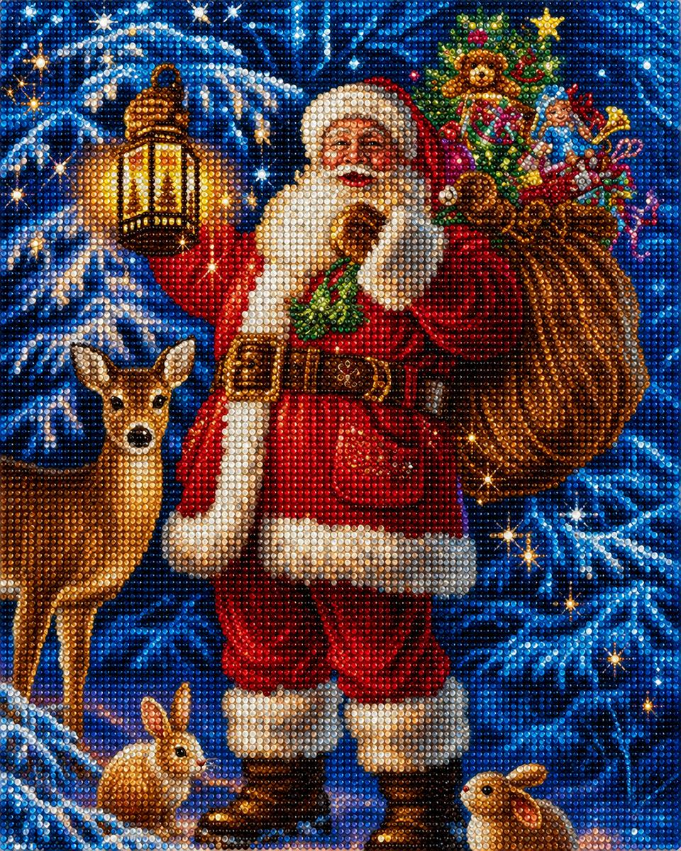 Close up of the finished Santa diamond painting holding a lantern and toy sack beside a deer and bunnies in a snowy forest | Azurra Shop