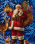 Close up of the finished Santa diamond painting holding a lantern and toy sack beside a deer and bunnies in a snowy forest | Azurra Shop