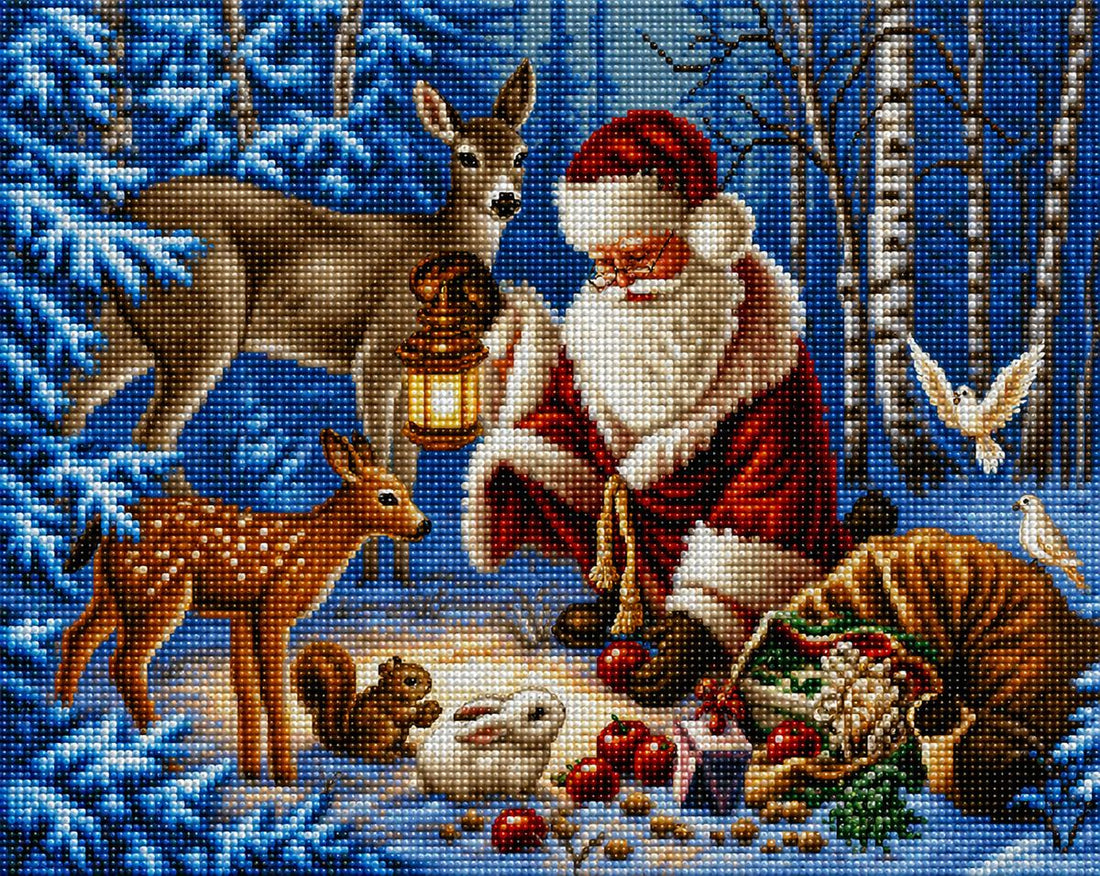 Close up of the finished Santa diamond painting with a lantern surrounded by deer, a squirrel, and a bunny in the snowy woods | Azurra Shop