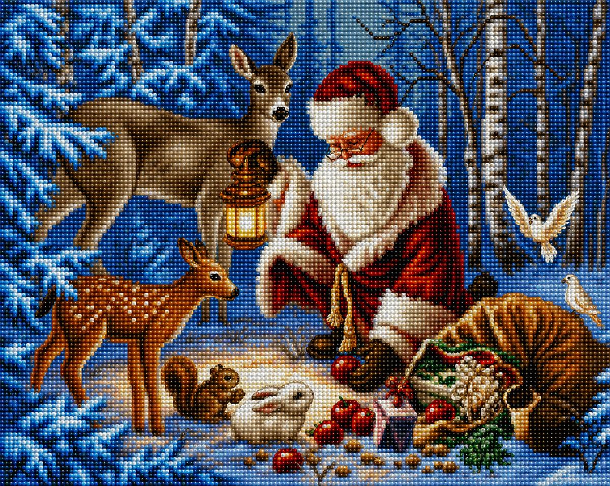 Close up of the finished Santa diamond painting with a lantern surrounded by deer, a squirrel, and a bunny in the snowy woods | Azurra Shop