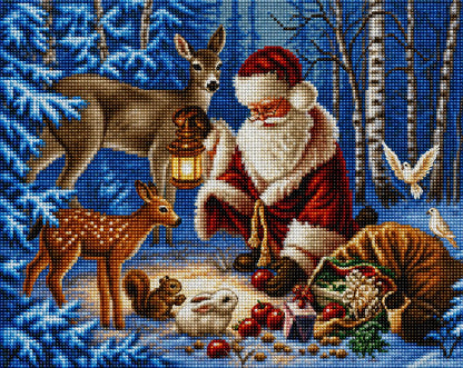 Close up of the finished Santa diamond painting with a lantern surrounded by deer, a squirrel, and a bunny in the snowy woods | Azurra Shop