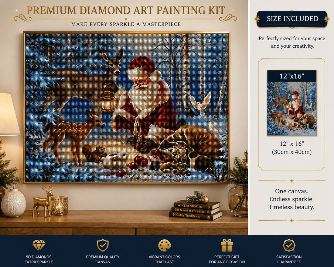 Framed Santa forest animals diamond painting displayed above a living room console table | Azurra Shop