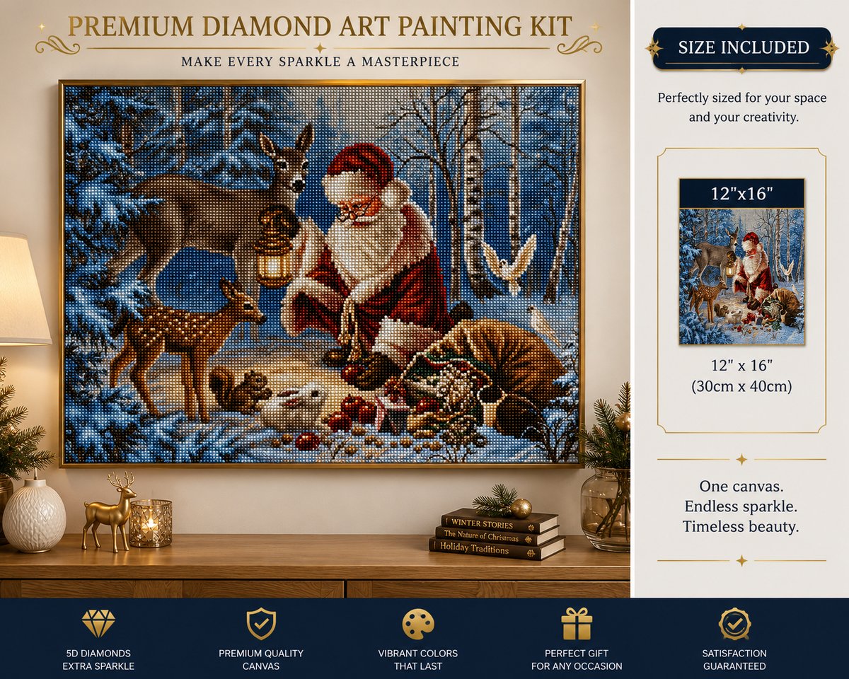 Framed Santa forest animals diamond painting displayed above a living room console table | Azurra Shop