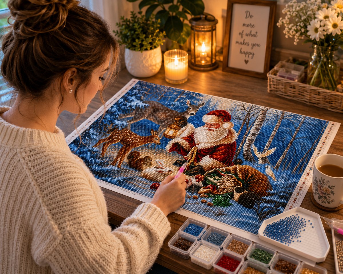 Working on the Santa forest animals kit at a desk with candles, flowers, and a mug of coffee | Azurra Shop