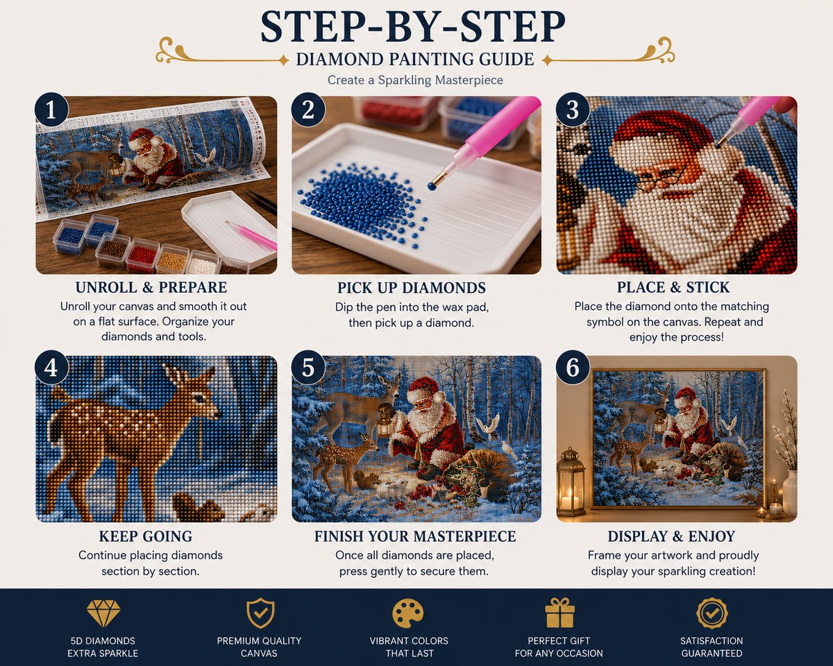 Six step guide showing how to complete the Santa forest animals diamond painting | Azurra Shop