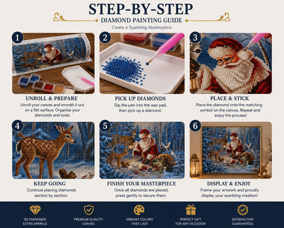 Six step guide showing how to complete the Santa forest animals diamond painting | Azurra Shop